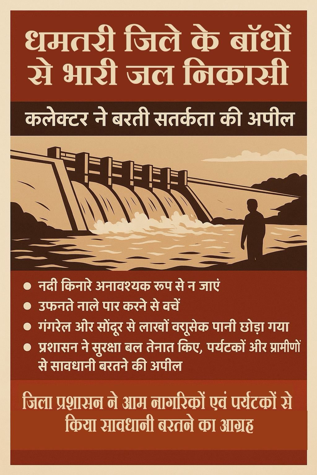 गंगरेल बांध से आज देर शाम बांध से नदी में 55000 क्यूसेक पानी छोड़ा जा रहा