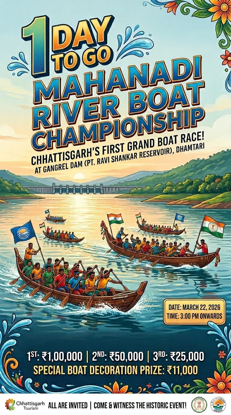 धमतरी के गंगरेल बांध में होने जा रही छत्तीसगढ़ की पहली भव्य ‘महानदी रिवर बोट चैंपियनशिप’ के लिए अब बस 1 दिन बाकी है