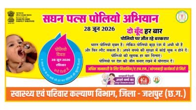 28 जून को जिलेभर में राष्ट्रीय पल्स पोलियो अभियान 1,205 बूथों पर 1 लाख 15 हजार 726 बच्चों को पिलाई जाएगी पोलियो की दो बूंद कलेक्टर श्री व्यास ने सभी विभागों को समन्वय से अभियान सफल बनाने के दिए निर्देश