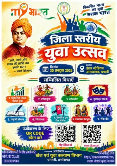 जिला स्तरीय युवा उत्सव 30 अक्टूबर को धमतरी में युवाओं को प्रतिभा प्रदर्शन और नवाचार के लिए मिलेगा मंच, नौ विधाओं में होंगी प्रतियोगिताएं